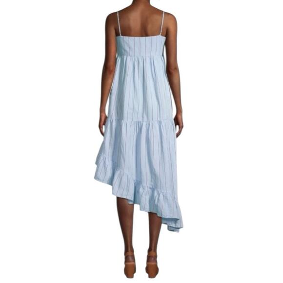 Frame Midi Dress Asymmetrical Ruffle Hem Sleeveless Blue Stipe Women Size Large - Picture 2 of 16
